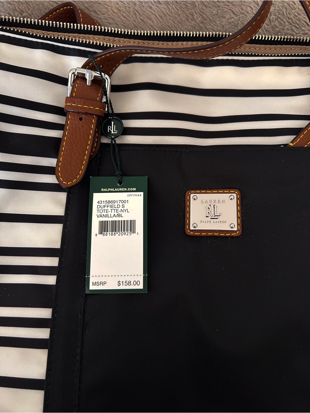 Ralph Lauren Black and Cream Striped Tote with Brown Trim